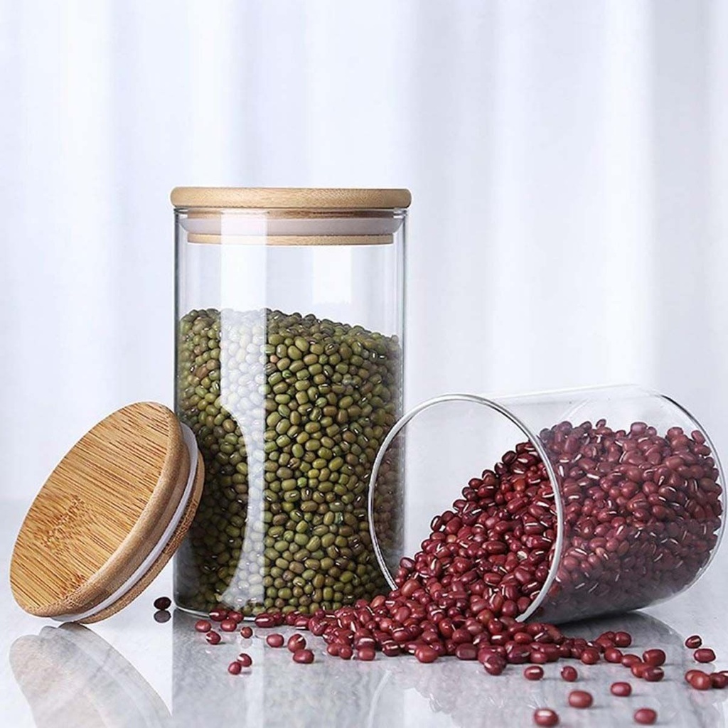 علبة دائرية اكليريك شفاف لحفظ البقوليات والمكسرات بغطاء خشب