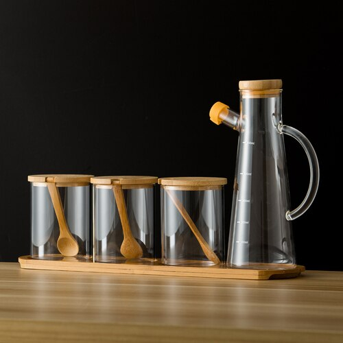 طقم توابل زجاجي 3 قطع بحامل ومعالق مع زجاجة زيت عملي وشيك