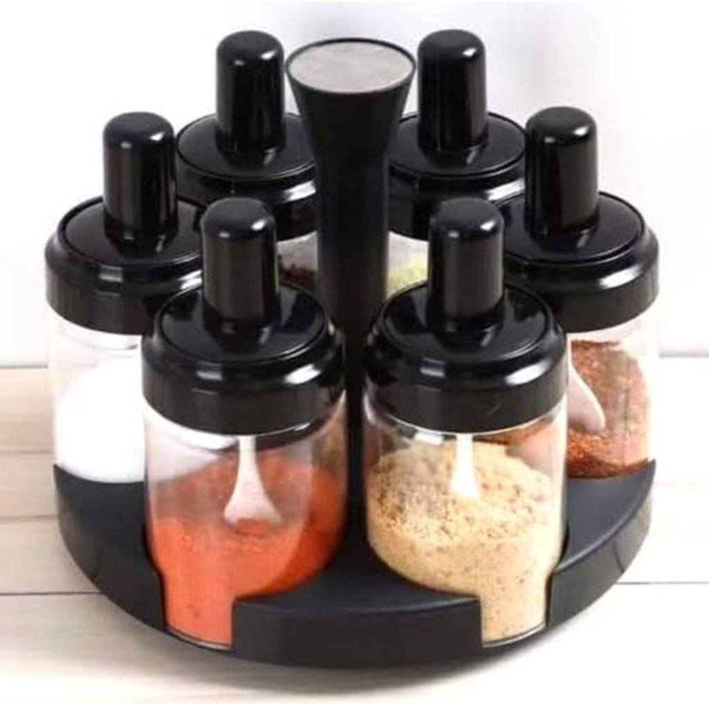 طقم توابل دوار 7 قطع بحامل بمعالق وفرشة للزيت لسهولة الاستخدام من الاستانليس والزجاج