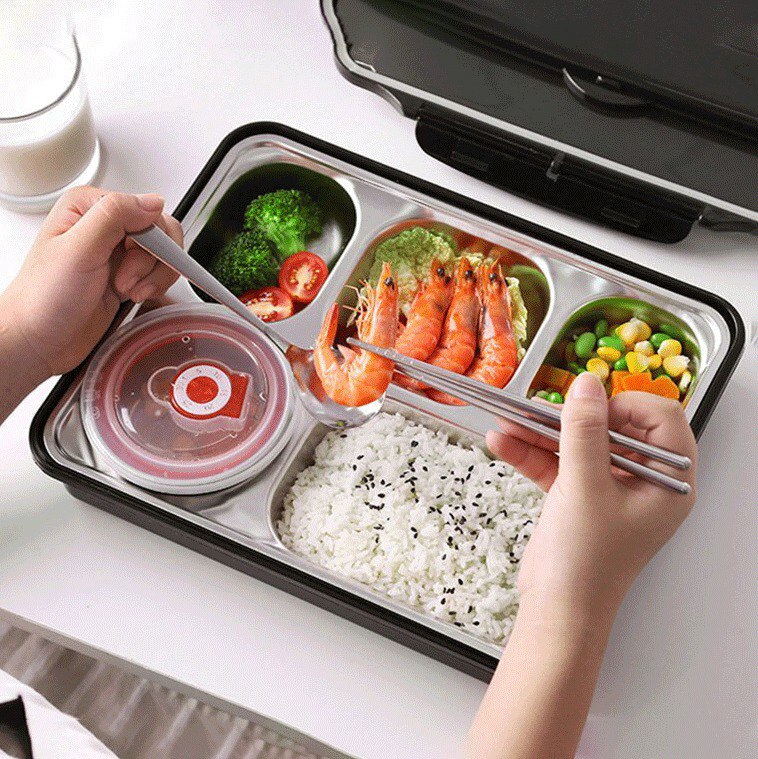 لانش بوكس حافظ للحرارة بغطاء محكم الغلق 5 اقسام مع علبة استانليس مزود بمعالق