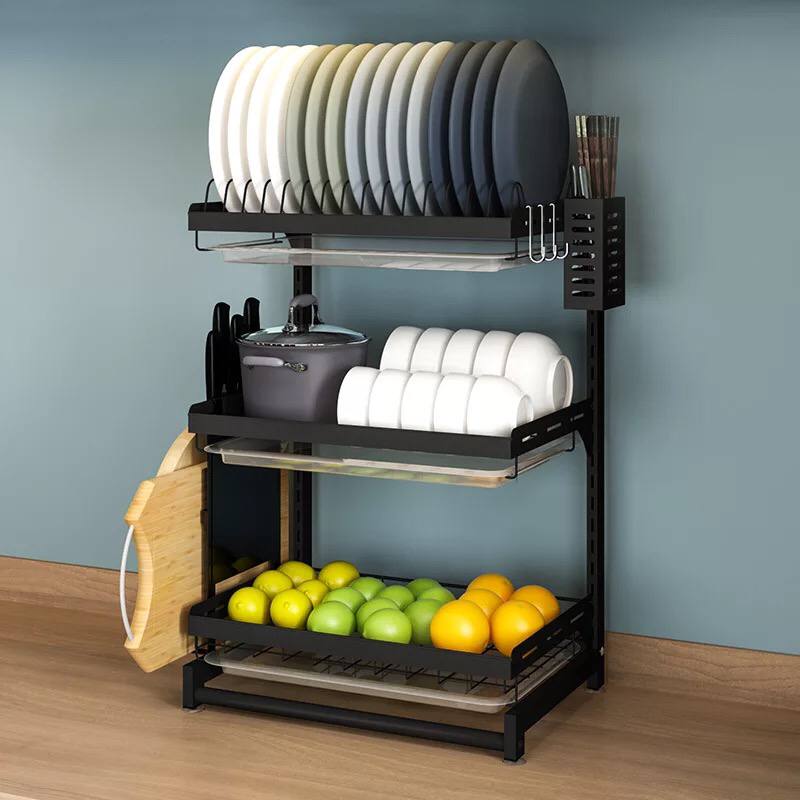 مطبقية استانلس ستيل ٣ رف لتنظيم وتجفيف الاواني بحوامل وعليقات جانبية للشوك والسكاكين وألواح التقطيع