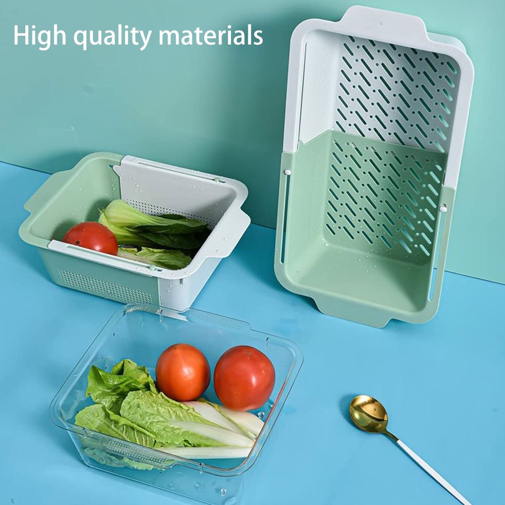 صفاية وسلة لغسيل الخضار والفاكهة قابلة للفرد والتوسعة مع طبق اكليريك شفاف بيدين لسهولة الحمل