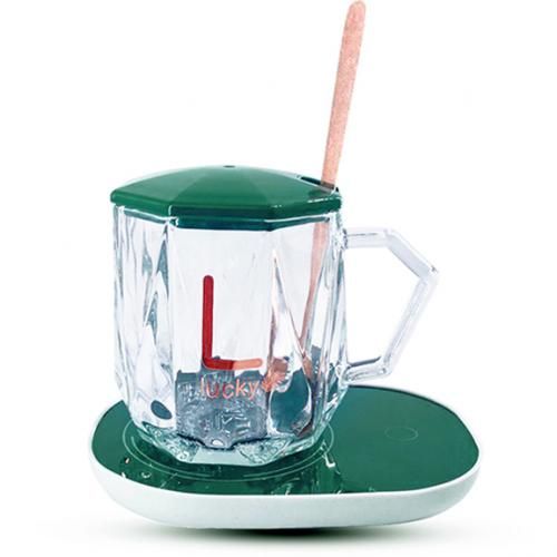 مج زجاجي بقاعدة سخان كهرباء ومعلقة للأستمتاع بالقهوة والمشروبات الدافئة طوال اليوم