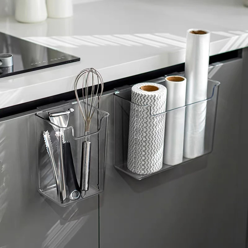 باسكت منظم وحامل لادوات المطبخ وعلب التوابل والمناديل يعلق علي درف المطبخ اكليريك شفاف