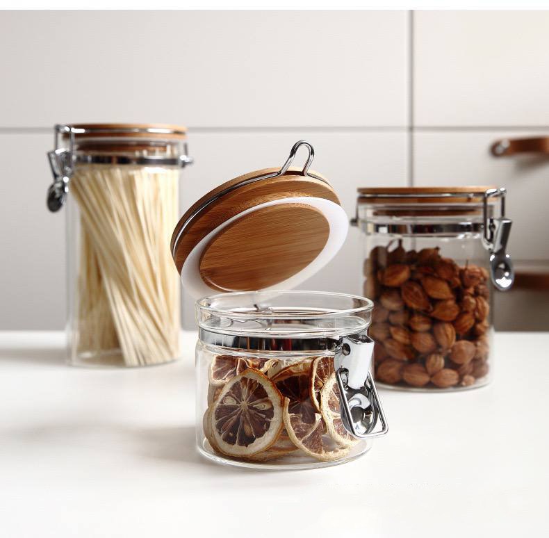 برطمان زجاج غطاء خشب بقفل 450 ملي لحفظ وتنظيم التوابل والمكسرات والبقوليات ‏