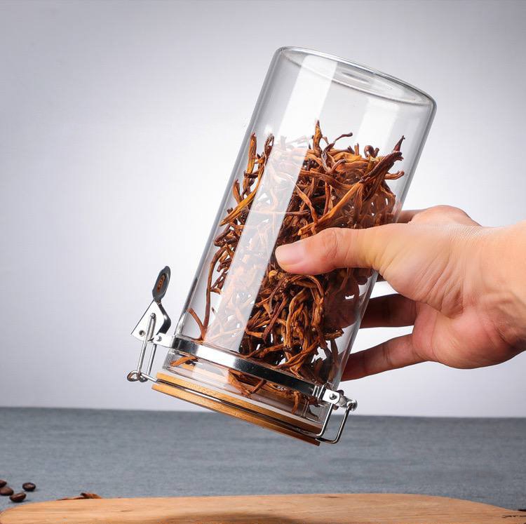 برطمان زجاج غطاء خشب مزود بقفل معدن لأحكام الغلق منظم للتوابل والبقوليات والمكسرات لتر