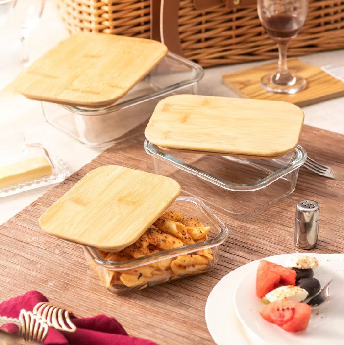 طقم علب زجاج لحفظ وتنظيم الطعام 3 قطع مقاسات مختلفة غطاء خشب محكم الغلق