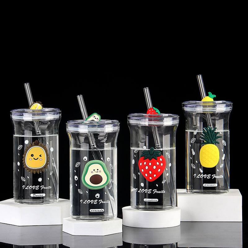 Glass Fruity Cup with Lid &amp; Straw 500 ml