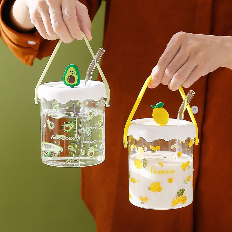 Cute Glass Cup with Lid &amp; Straw Full of Drawings 450 ‎ml