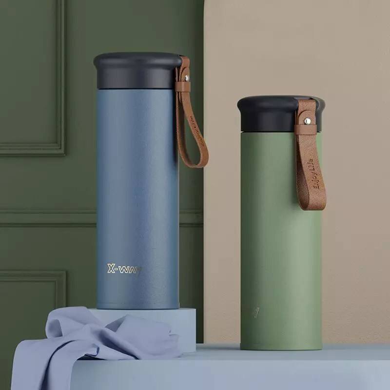 Thermal Stainless-Steel Sealed Strainer Mug leather Strap 450 ml