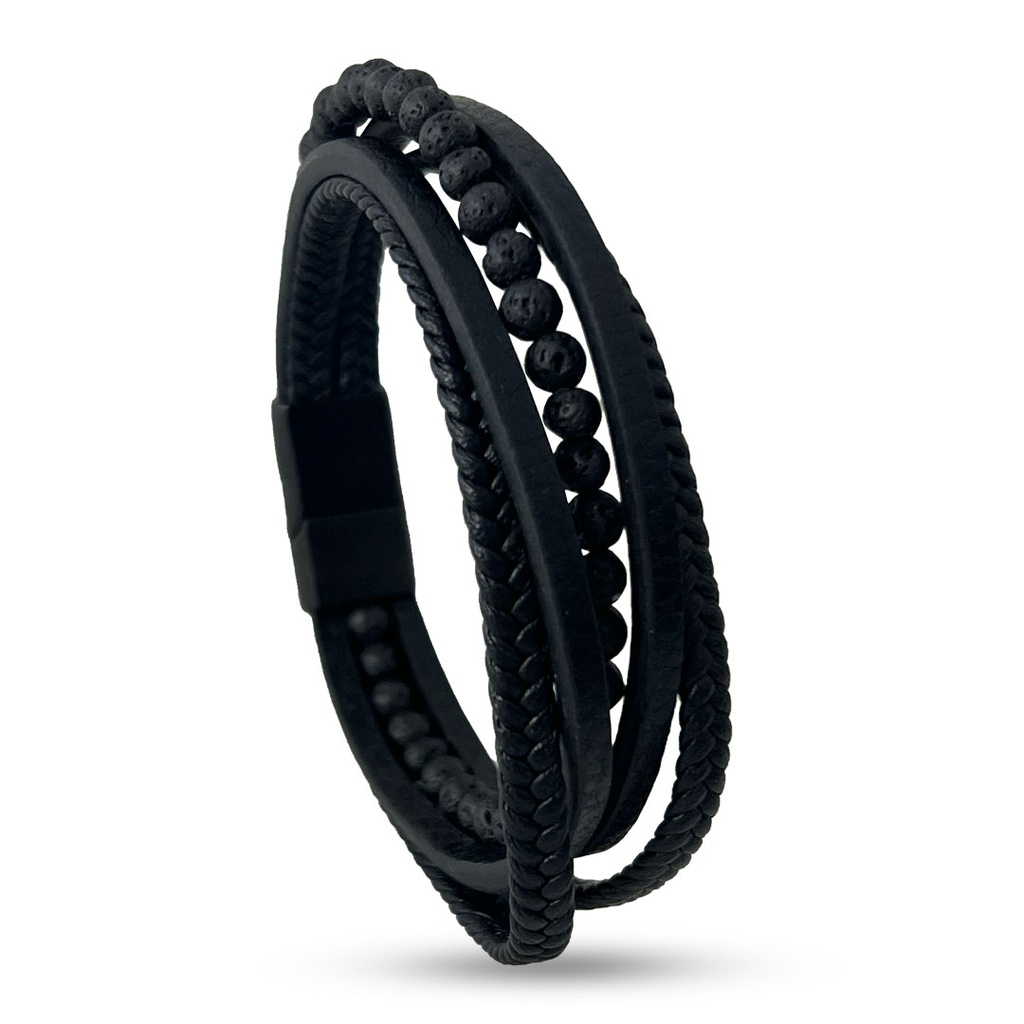 Men Black Leather 5 layers Bracelet Metal Black Lock