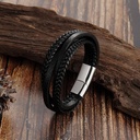 Men Black Leather 2 layers Bracelet Metal Silver Lock 