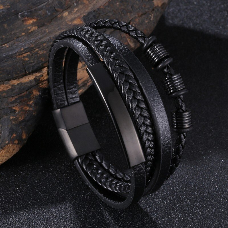 Men Black Leather 4 layers Bracelet Metal Black Lock 