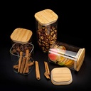 طقم برطمانات زجاج مربع 3 قطع غطاء خشبي احجام مختلفة لحفظ وتخزين الحبوب والبقوليات والتوابل