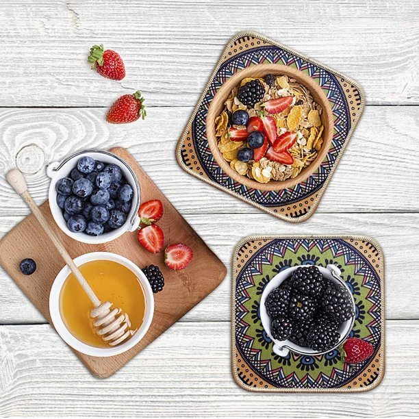 طقم كوستر بوهيمي قطعتين حامل للاكواب والحلل وقطع الديكور بأشكال مختلفة