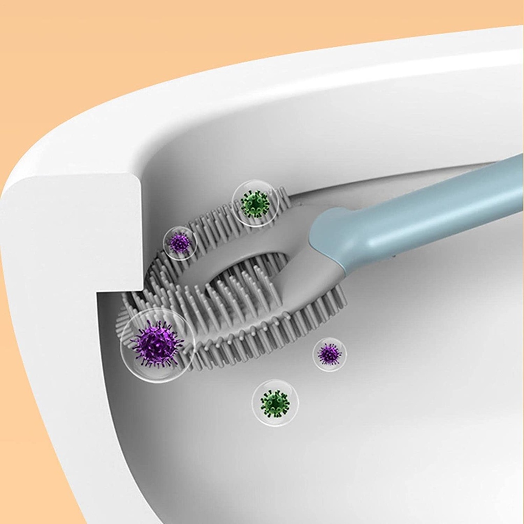 فرشة تنظيف تواليت سيليكون 2 في 1 بيد طويلة لسهولة التحكم وهوك ذاتي اللصق للتعليق