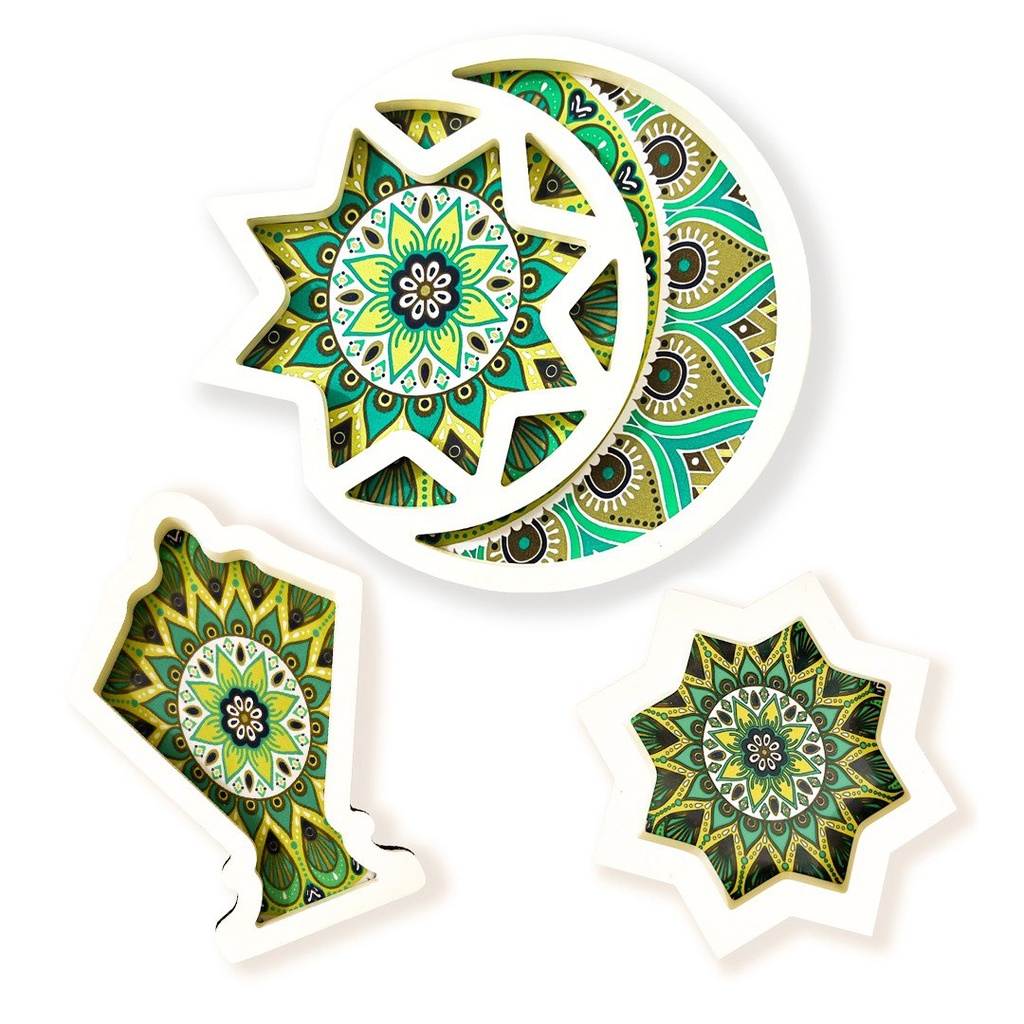 طقم صواني رمضانيه 3 قطع هلال وفانوس ونجمة لتقديم العصائر والمكسرات للضيوف