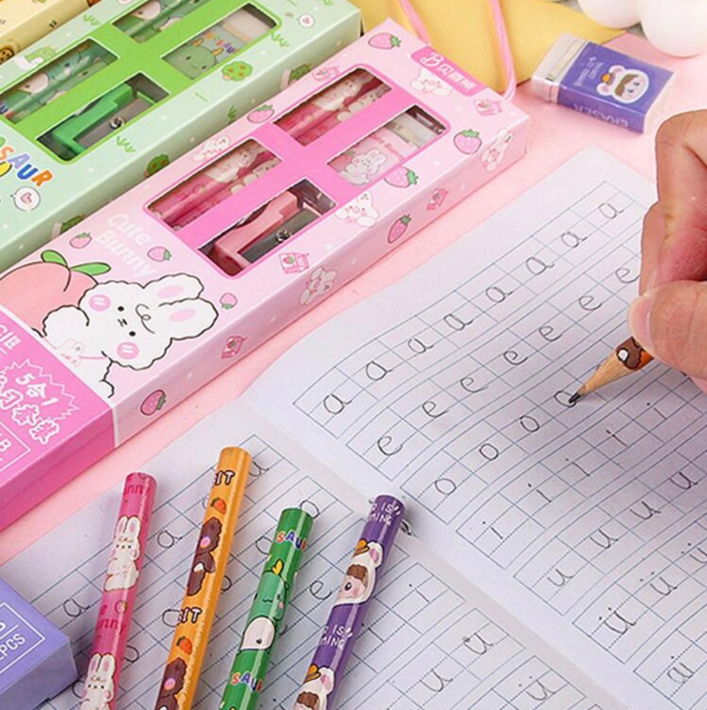 طقم ادوات مدرسية 5 قطع اقلام رصاص واستيكة وبراية ومسطرة بأشكال والوان مختلفة