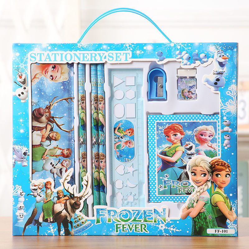 طقم ادوات مدرسية 8 قطع يتكون من مقلمة ونوت بوك واستيكة وبراية و مسطرة و 3 اقلام رصاص