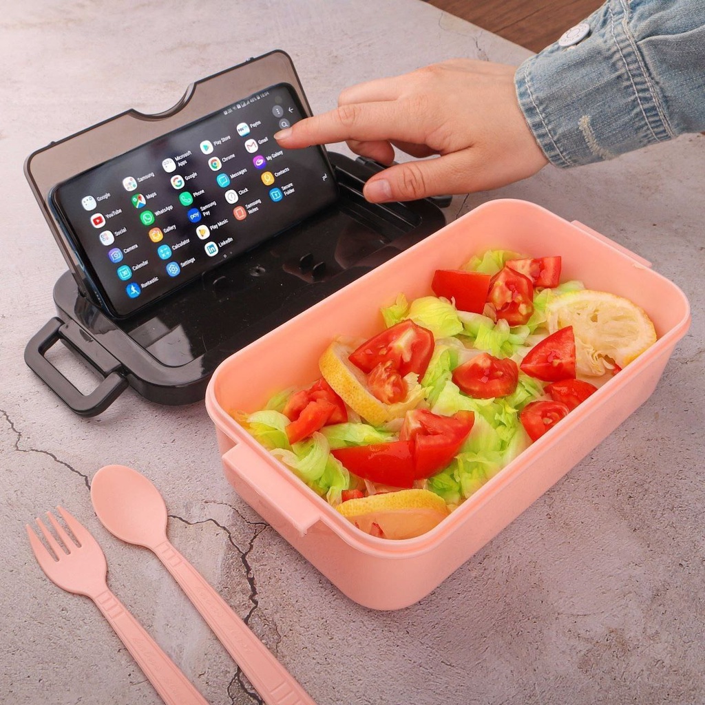 لانش بوكس قابل لدخول الميكرويف بغطاء محكم الغلق ومعالق وحامل موبايل للدراسة والعمل