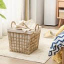 باسكت معدن بخيوط خوص وبطانة كتان لحمل وتنظيم الملابس والعاب الاطفال بيد لسهولة الحمل