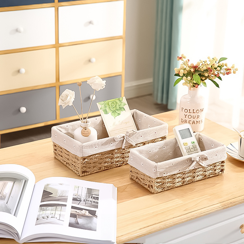 طقم باسكت خوص مستطيل قطعتين بمقاسات مختلفة لحمل وتنظيم ادوات الميكب ومستحضرات التجميل