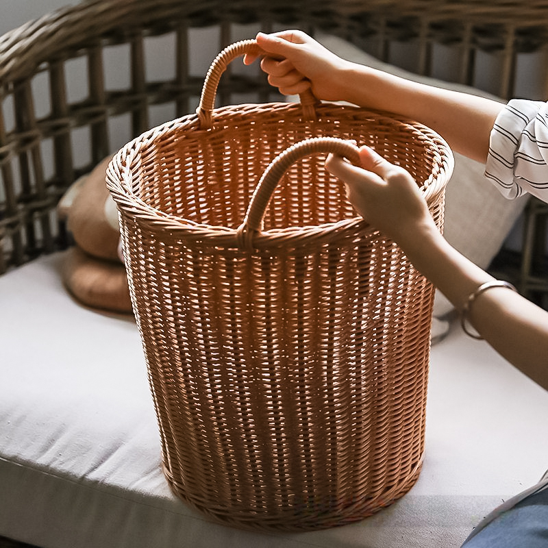 باسكت رتان دائري لحمل وتنظيم الملابس والعاب الاطفال بيد من الجانبين