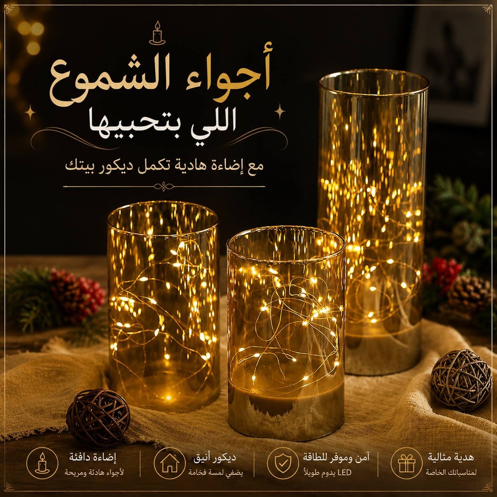 طقم شمع زجاجي 3 قطع بمقاسات مختلفة مضئ بدون لهب ببطاريات لتجديد ديكور البيت