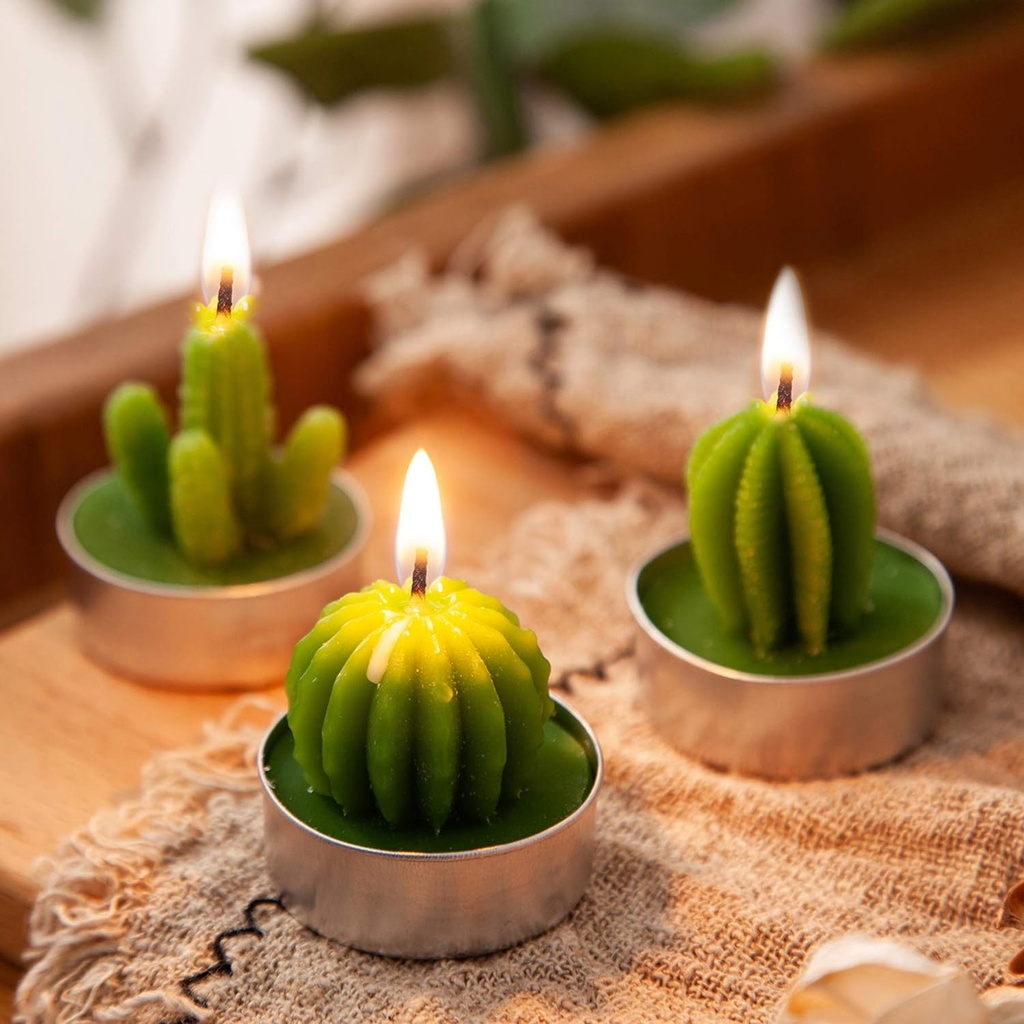 شمع صبار 6 قطع باشكال مختلفة بقواعد معدنية لديكور البيت وإضفاء اجواء رومانسية هادئة
