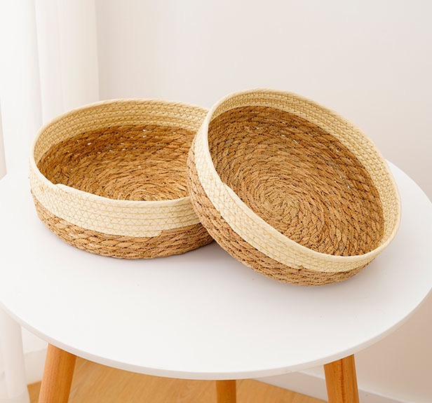 طقم باسكت خوص في كتان قطعتين لحمل العيش والفواكه وقطع الديكور