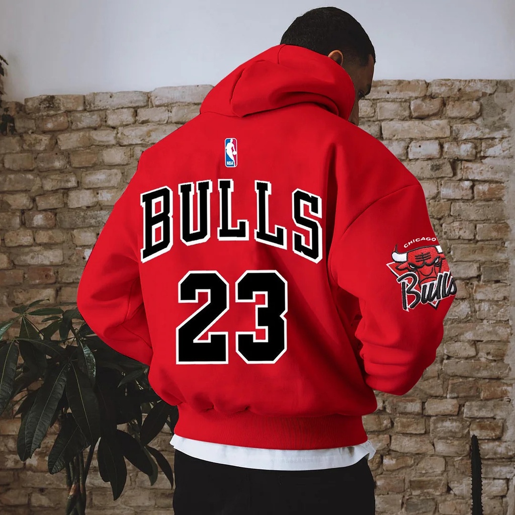 Bulls 23 هودي اوفر سايز قطن باللون الاحمر 