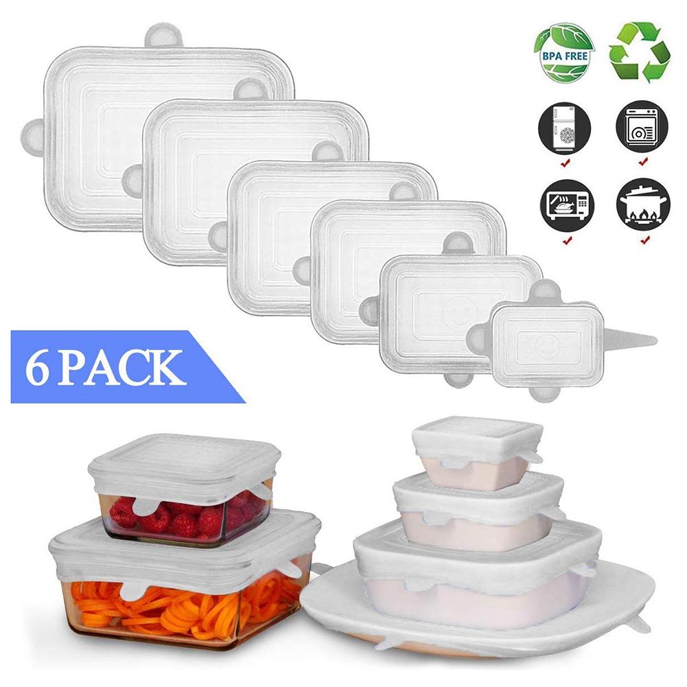 طقم أغطيه سيليكون مربع لحفظ الطعام طازج استرتش مرن محكمة الغلق قابلة للتمدد وإعادة الاستخدام ٦ قطع