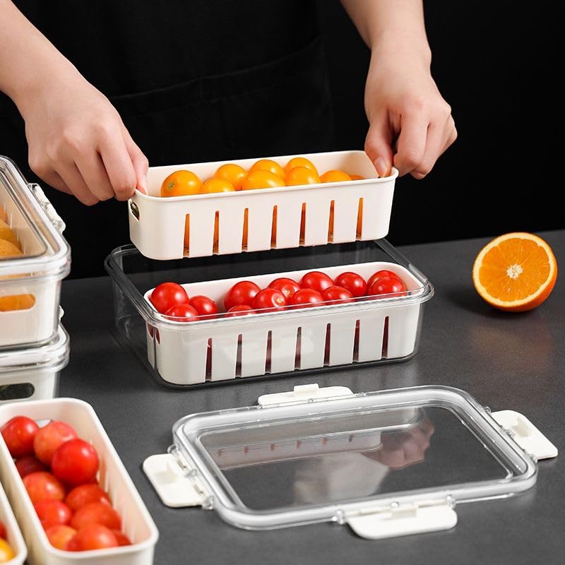 علبة ثلاجة اكليريك ب 2 مصفاة بلاستيك قابلة للفصل لحفظ وتنظيم الطعام بغطاء محكم الغلق من الاربع جهات
