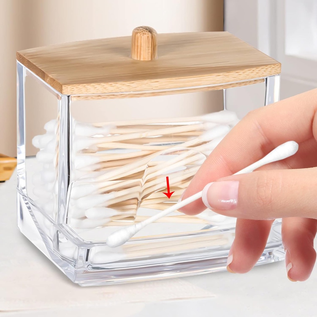 منظم اكليريك لحمل وتنظيم قطن الأذن والميكب ونكاشات الأسنان بغطاء خشب