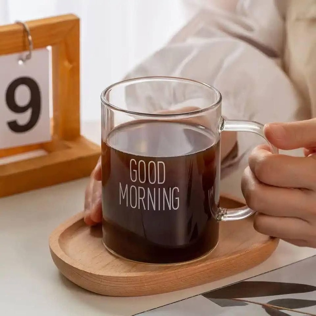 كوباية جود مورنينج 420 ملي لشرب وتقديم العصائر والشاي والنسكافيه من الزجاج الشفاف بيد