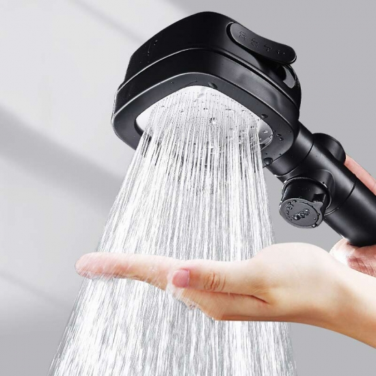 سماعة دش لزيادة ضغط المياه بفلتر لتنقية الشوائب و 4 انظمة رش يتم الاختيار بينهم حسب الرغبة وزرار للفتح والغلق