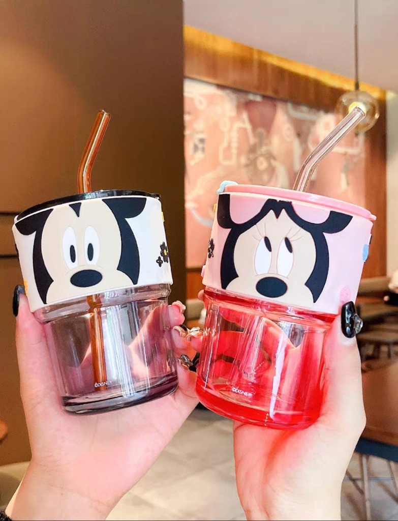 مج ميني ماوس 450 ملي زجاج للعصائر والمشروبات الساخنة بجزء جلد عازل للحرارة وطريقتين للشرب بشاليموه وغطاء محكم الغلق