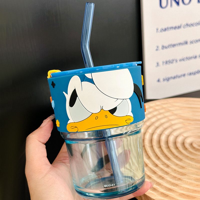 مج بطوط 450 ملي زجاج للعصائر والمشروبات الساخنة بجزء جلد عازل للحرارة وطريقتين للشرب بشاليموه وغطاء محكم الغلق