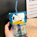 مج بطوط 450 ملي زجاج للعصائر والمشروبات الساخنة بجزء جلد عازل للحرارة وطريقتين للشرب بشاليموه وغطاء محكم الغلق