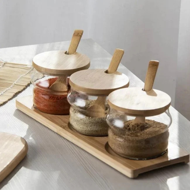 طقم زجاج متدرج 3 قطع مع حامل ومعالق خشب للتوابل والشاي والسكر والقهوة