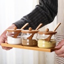 طقم برطمانات زجاجي 3 قطع بحامل خشبي للتوابل والشاي والسكر والقهوة بمعلقة لسهولة الأستخدام