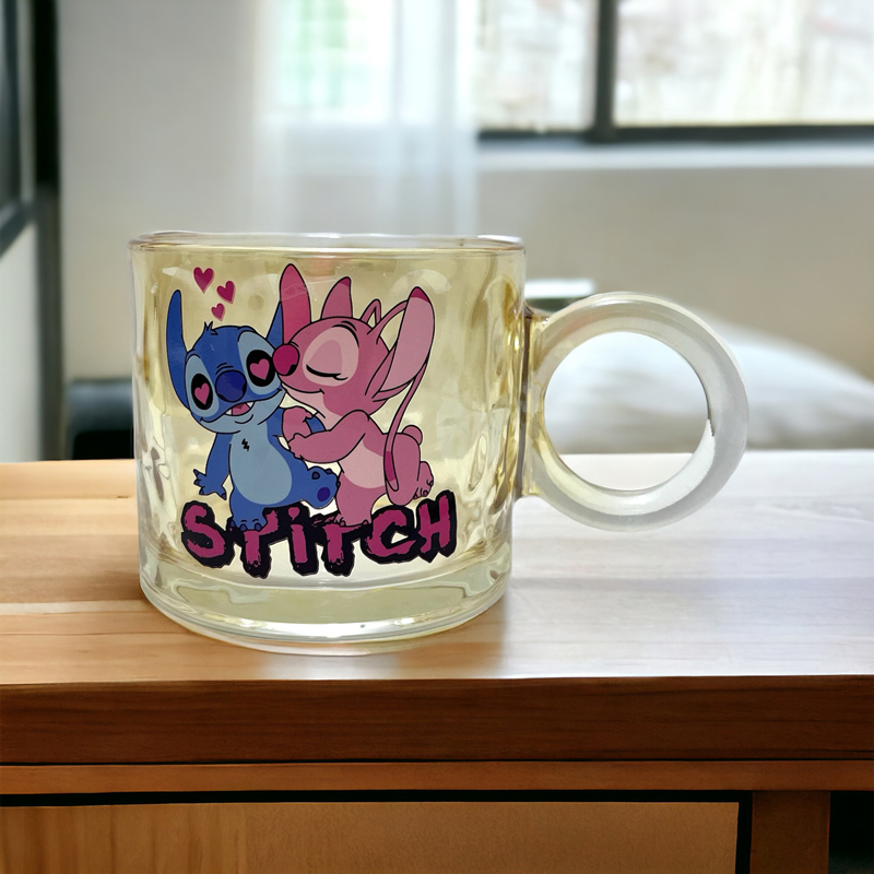 مج ستيتش وانجيل 250 ملي زجاج عسلي بيد لشرب وتقديم الشاي والنسكافيه والكابتشينو واللاتيه والهوت شوكلت