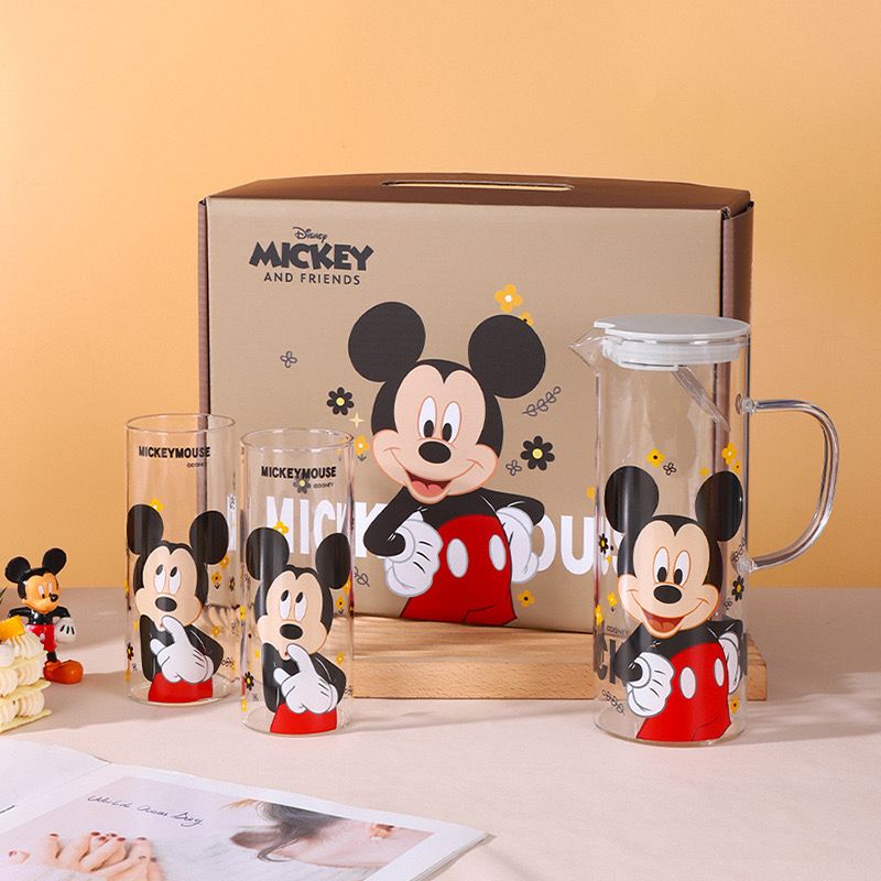 طقم ميكي ماوس شفشق 1200 ملي زجاج بمصفاه استانليس ستيل مع 2 كوب لشرب وتقديم المشروبات والعصائر للضيوف