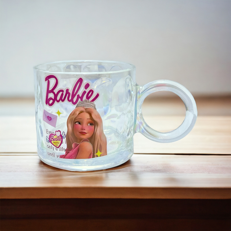 مج باربي 250 ملي زجاج شفاف مموج بيد لشرب النسكافية والكابتشنو والايس كوفي والهوت شوكلت