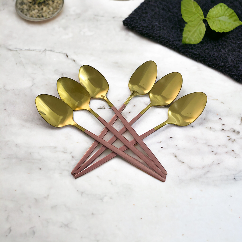 طقم معالق استانليس ستيل 6 قطع جولد بمقبض باللون البينك