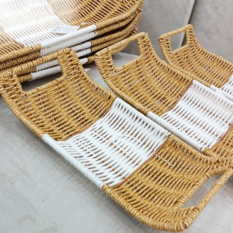 طقم صواني رتان 3 قطع بمقاسات مختلفة لحمل وتقديم الفواكه بشكل شيك بيد لسهولة الحمل