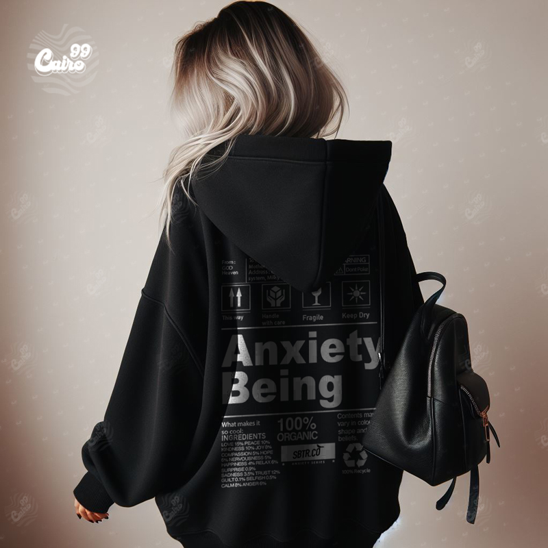 Anxiety Being هودي اوفر سايز قطن باللون الأسود