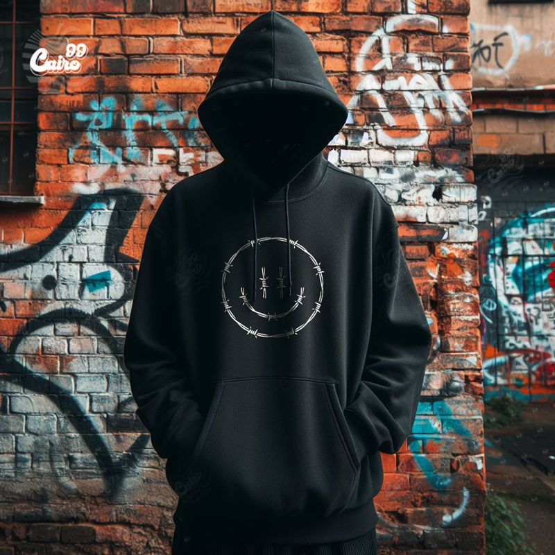 Smile هودي اوفر سايز قطن باللون الأسود