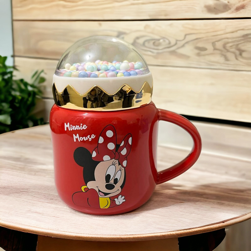 مج ميني ماوس 370 ملي بغطاء محكم الغلق بكرات ويد للمشروبات الباردة والساخنة من البورسلين