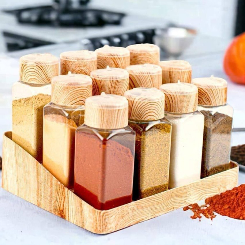 طقم توابل 12 قطعة بنظامين رش مع حامل متدرج شكل خشبي ومجموعة استيكر لتمييز البرطمانات عملي وسهل الأستخدام